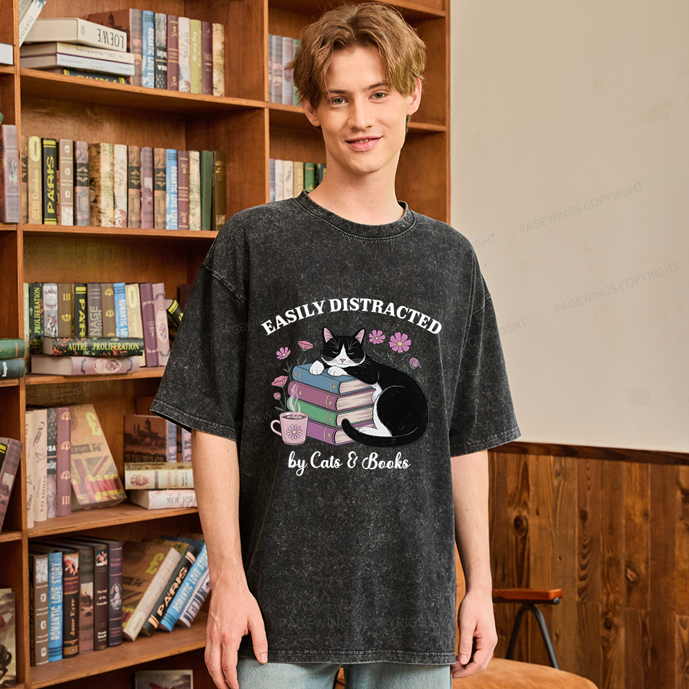 Pagewings Easily Distracted By Cats & Books Unisex Washed T-shirt
