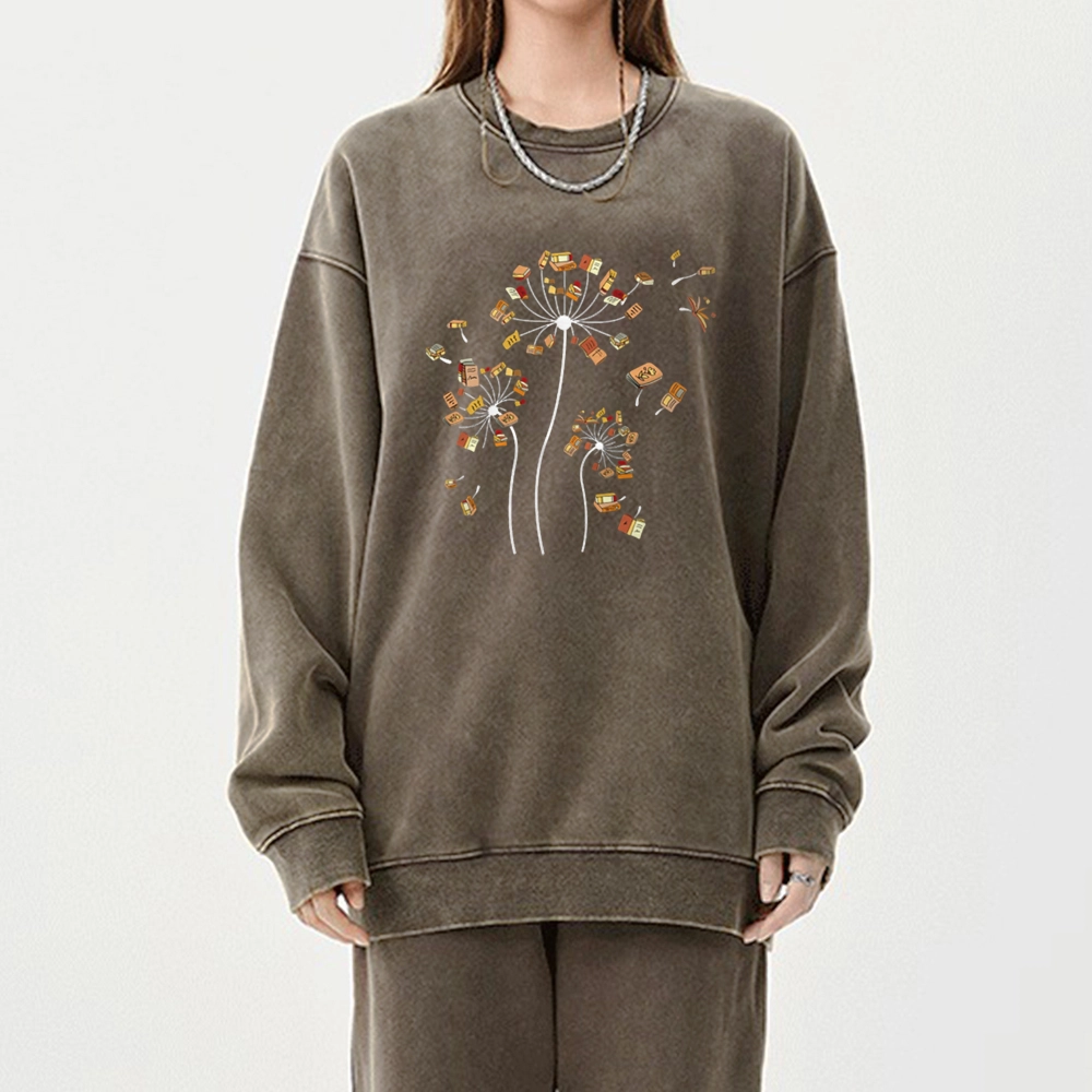 Pagewings Dandelion Flower Books Unisex Washed Sweatshirt