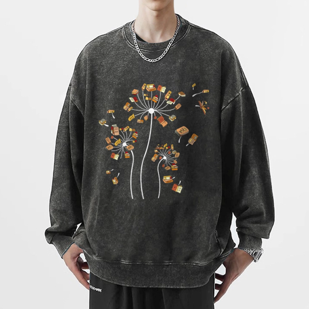 Pagewings Dandelion Flower Books Unisex Washed Sweatshirt