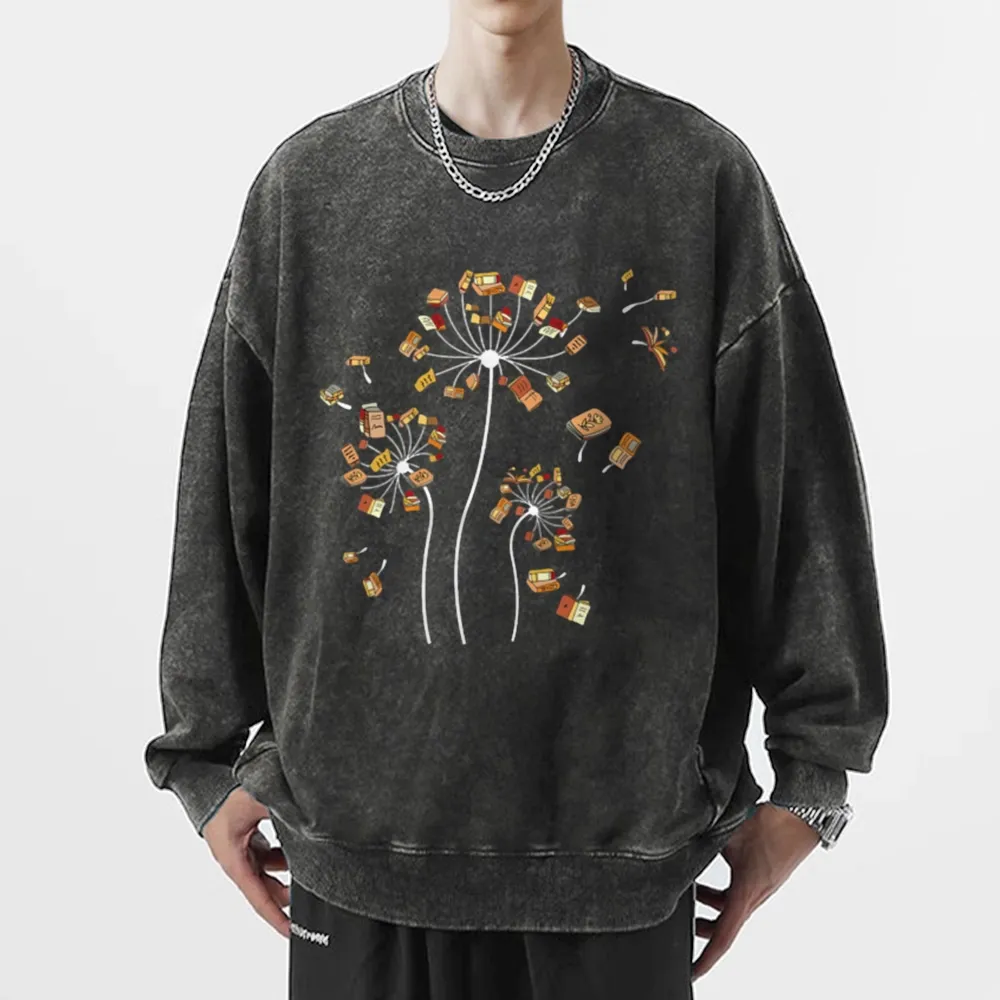 Pagewings Dandelion Flower Books Unisex Washed Sweatshirt