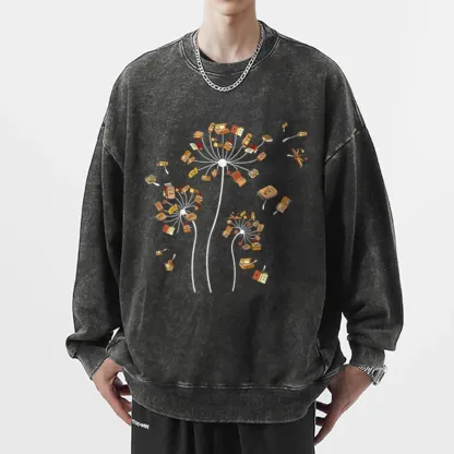 Pagewings Dandelion Flower Books Unisex Washed Sweatshirt