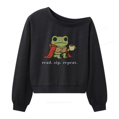 Pagewings Read Sip Repeat Women Off  Shoulder Sweatshirt