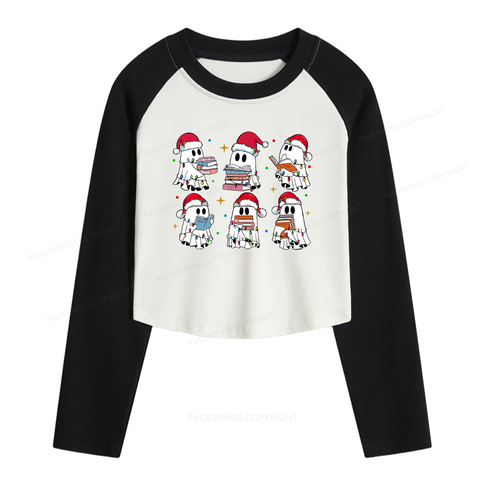 Pagewings Christmas Book Ghost Women Long Sleeve Crop Raglan T-shirt