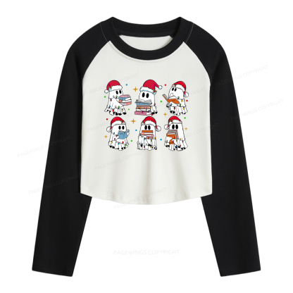 Pagewings Christmas Book Ghost Women Long Sleeve Crop Raglan T-shirt