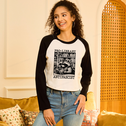 Pagewings Pro Library Antifascist Women Long Sleeve Crop Raglan T-shirt