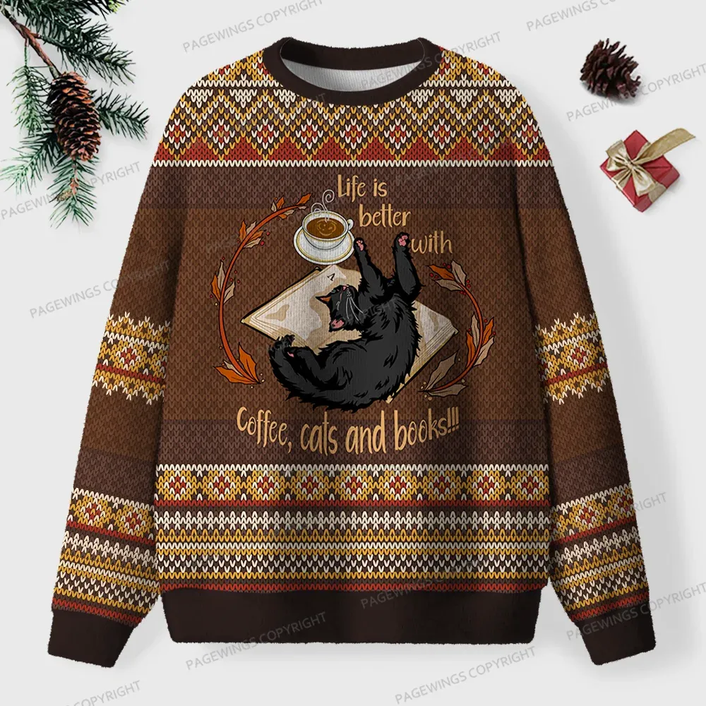 Pagewings Life Is Better With Coffee Cats And Books Unisex Ugly Knit Sweatshirt