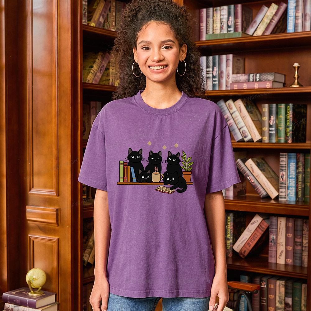 Pagewings Cat On Bookshelf Unisex Washed T-shirt