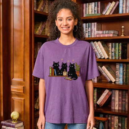Pagewings Cat On Bookshelf Unisex Washed T-shirt