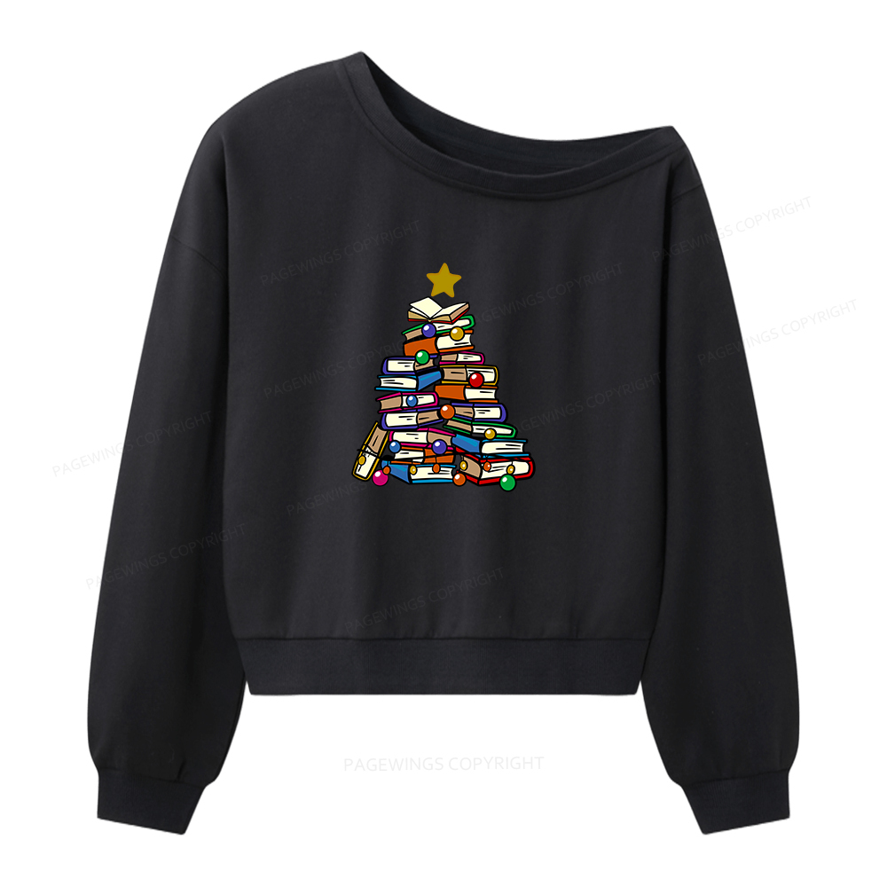 Pagewings Christmas Tree Bookworm Women Off  Shoulder Sweatshirt