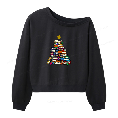 Pagewings Christmas Tree Bookworm Women Off  Shoulder Sweatshirt
