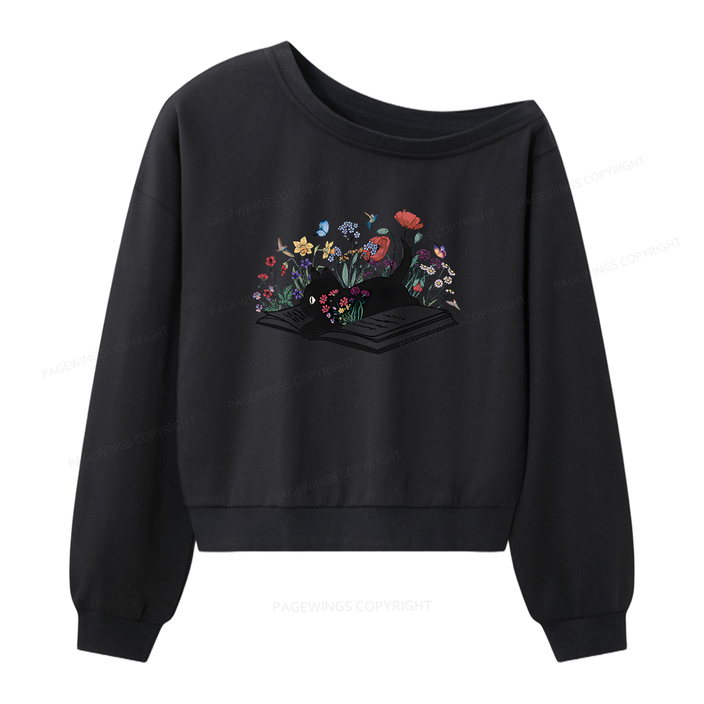 Pagewings Cute Book Cat Women Off  Shoulder Sweatshirt