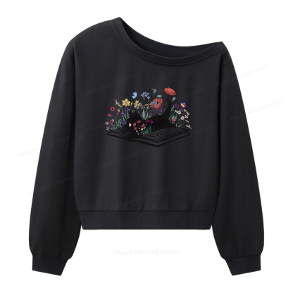Pagewings Cute Book Cat Women Off  Shoulder Sweatshirt