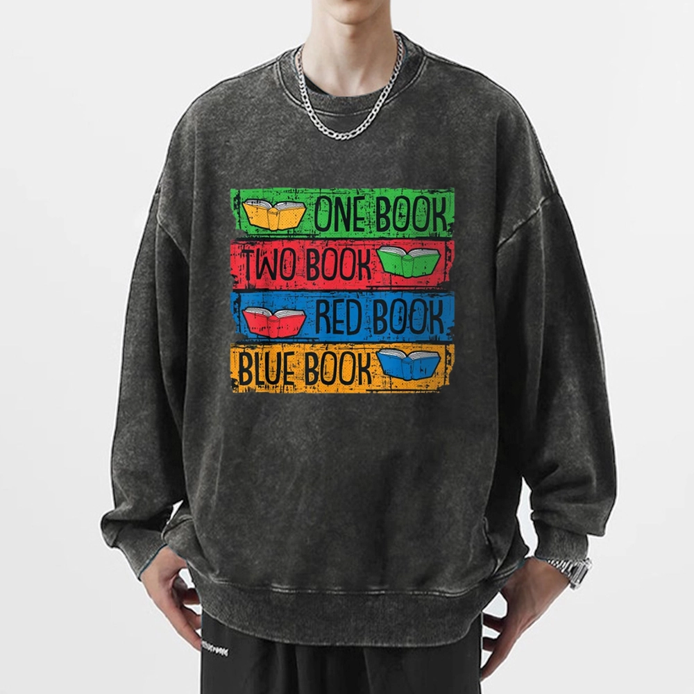 Pagewings One Book Two Books Red Book Blue Book Unisex Washed Sweatshirt