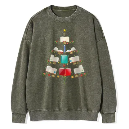 Pagewings Book Christmas Tree Unisex Washed Sweatshirt
