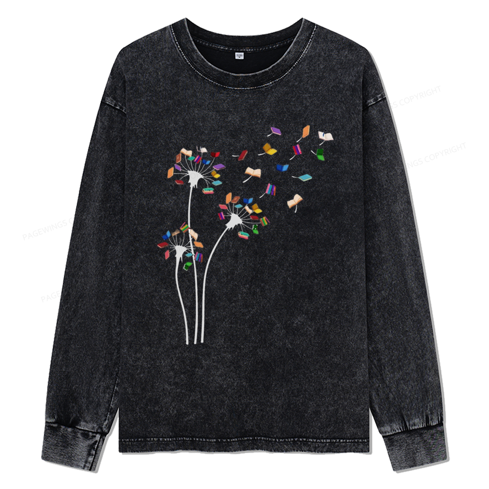 Pagewings Cute Dandelion Books Flower Fly Unisex Washed Long Sleeve T-shirt