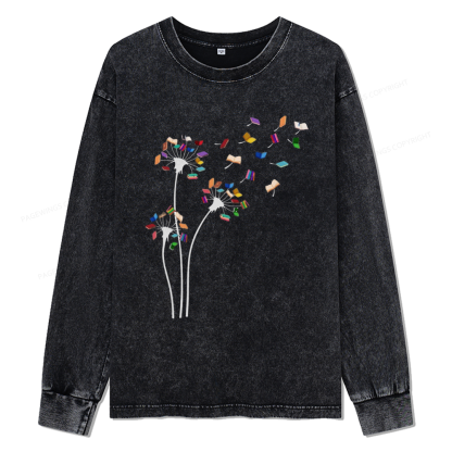 Pagewings Cute Dandelion Books Flower Fly Unisex Washed Long Sleeve T-shirt