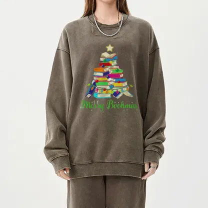 Pagewings Book Christmas Tree Unisex Washed Sweatshirt
