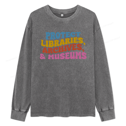 Pagewings Protect Libraries Archives And Museums Unisex Washed Long Sleeve T-shirt