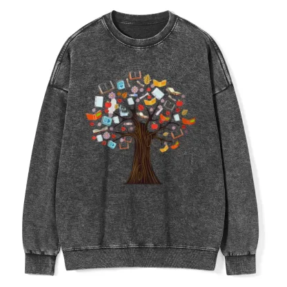 Pagewings Book Tree Vintage Graphic Unisex Washed Sweatshirt