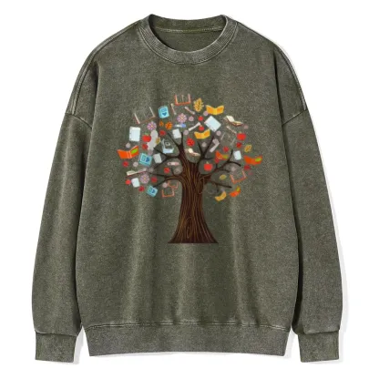 Pagewings Book Tree Vintage Graphic Unisex Washed Sweatshirt