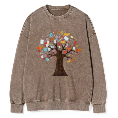 Pagewings Book Tree Vintage Graphic Unisex Washed Sweatshirt