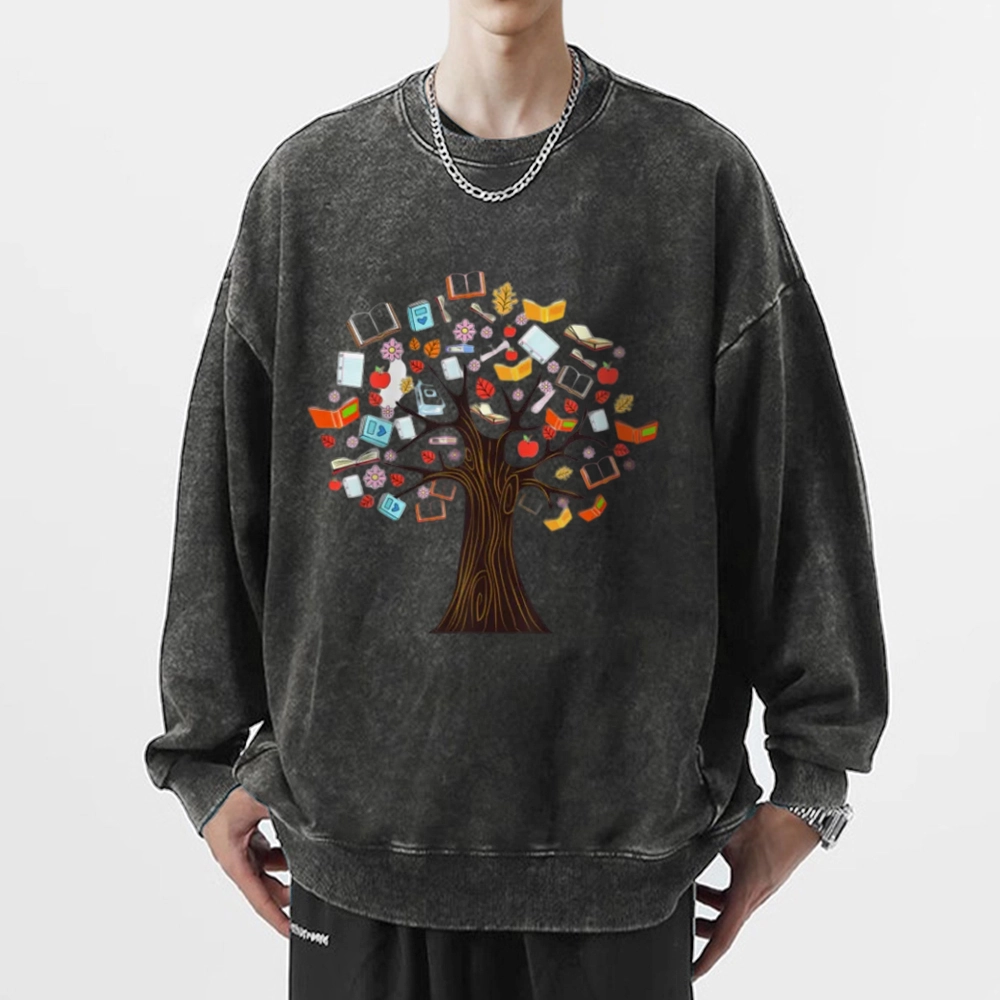 Pagewings Book Tree Vintage Graphic Unisex Washed Sweatshirt