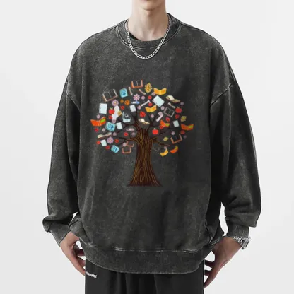 Pagewings Book Tree Vintage Graphic Unisex Washed Sweatshirt