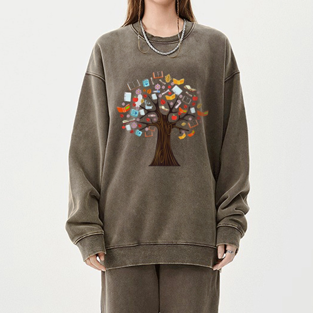 Pagewings Book Tree Vintage Graphic Unisex Washed Sweatshirt