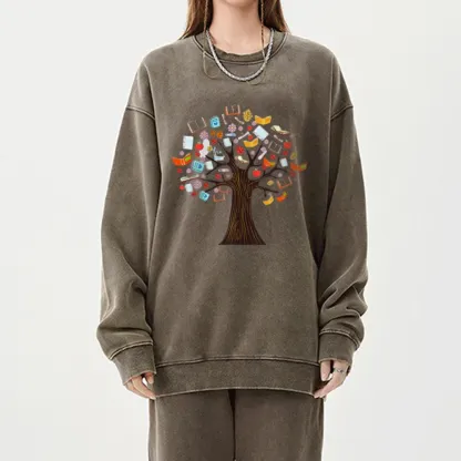 Pagewings Book Tree Vintage Graphic Unisex Washed Sweatshirt