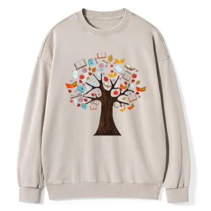 Pagewings Book Tree Vintage Graphic Unisex Washed Sweatshirt