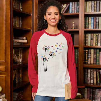 Pagewings Cute Dandelion Books Flower Fly Long Sleeve Raglan T-shirt