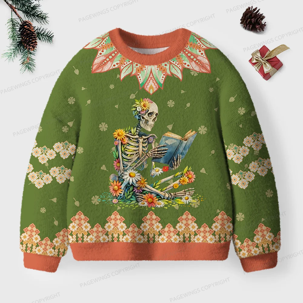 Pagewings Skeleton Reading Unisex Ugly Knit Sweatshirt