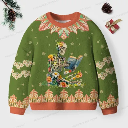 Pagewings Skeleton Reading Unisex Ugly Knit Sweatshirt