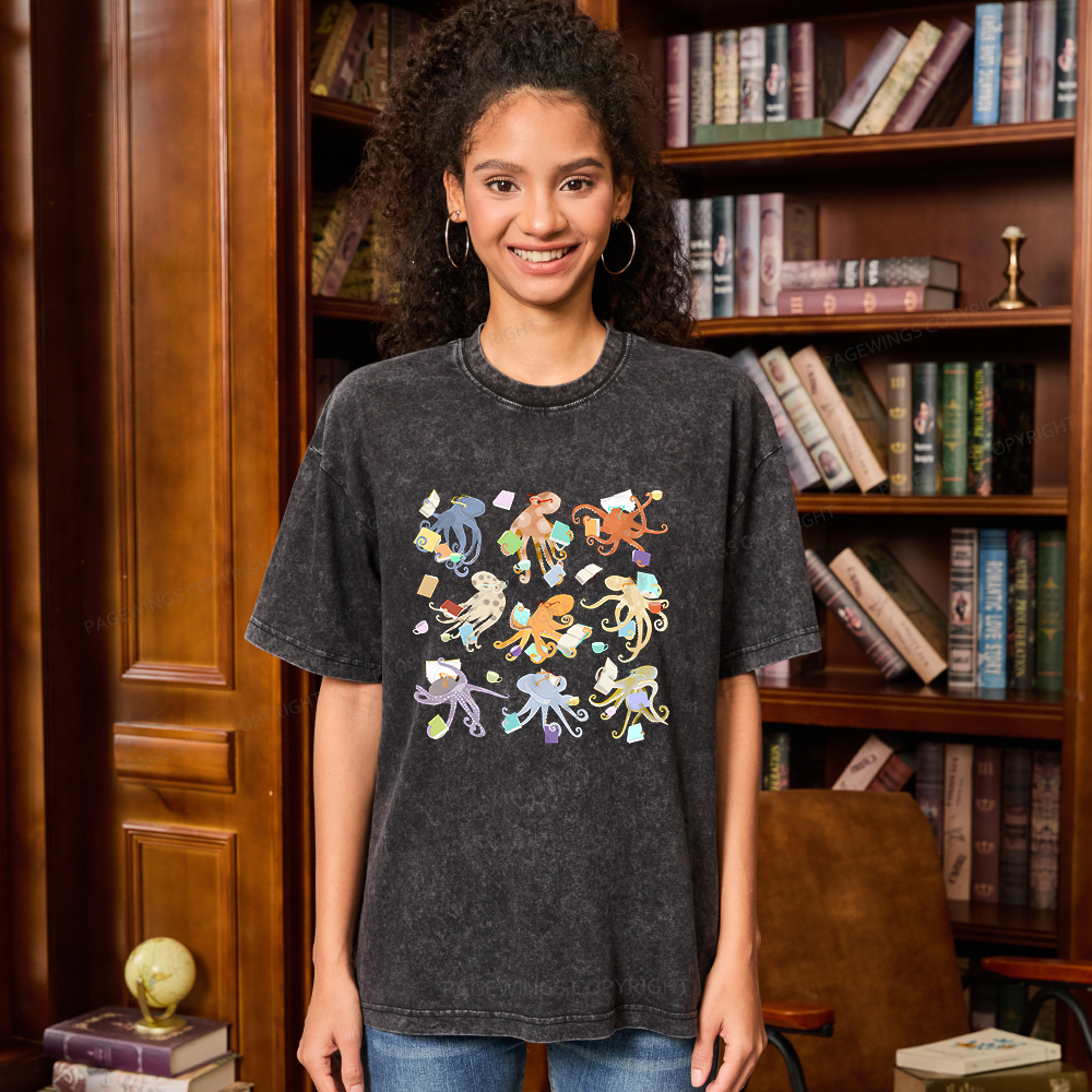 Pagewings Reading Octopuses Unisex Washed T-shirt