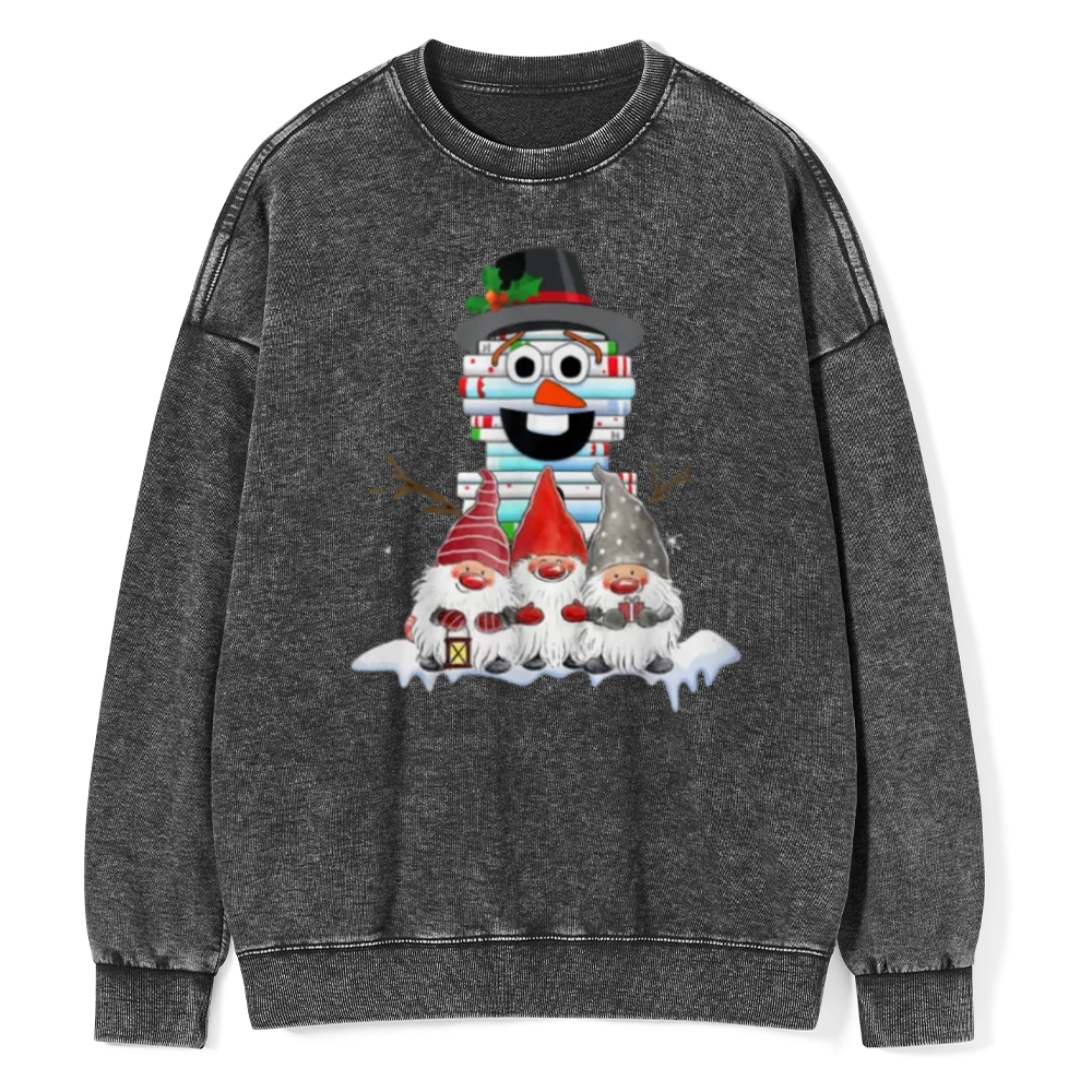 Pagewings Snowman Book Christmas Stack Gnome Librarian Book Unisex Washed Sweatshirt