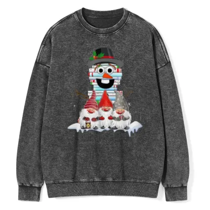 Pagewings Snowman Book Christmas Stack Gnome Librarian Book Unisex Washed Sweatshirt