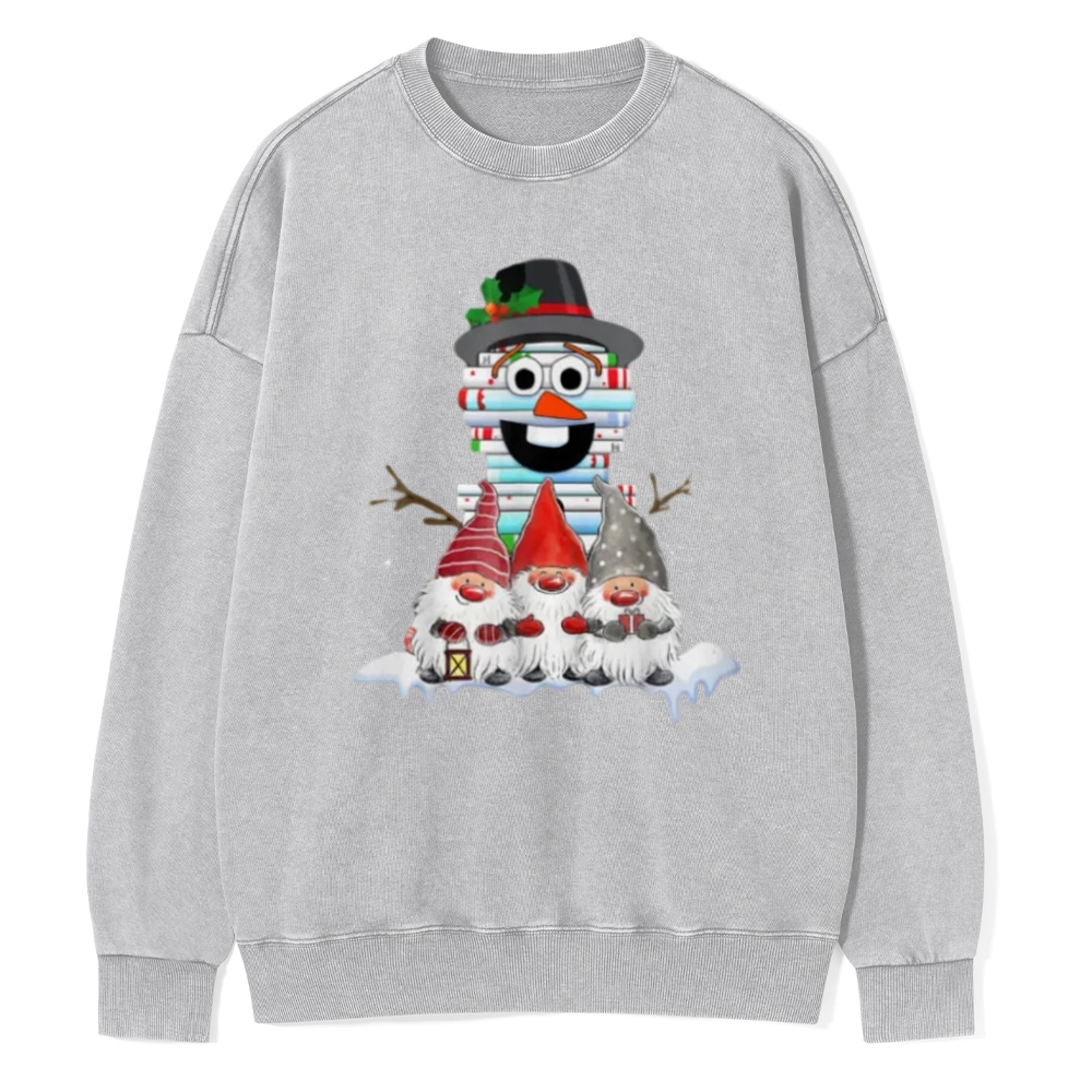 Pagewings Snowman Book Christmas Stack Gnome Librarian Book Unisex Washed Sweatshirt