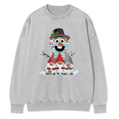 Pagewings Snowman Book Christmas Stack Gnome Librarian Book Unisex Washed Sweatshirt