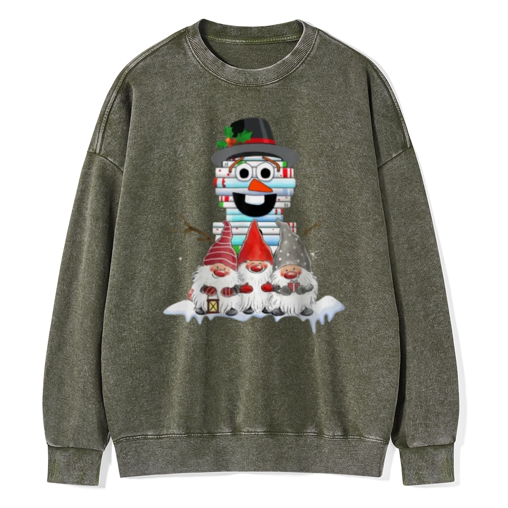 Pagewings Snowman Book Christmas Stack Gnome Librarian Book Unisex Washed Sweatshirt