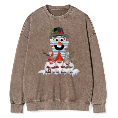 Pagewings Snowman Book Christmas Stack Gnome Librarian Book Unisex Washed Sweatshirt