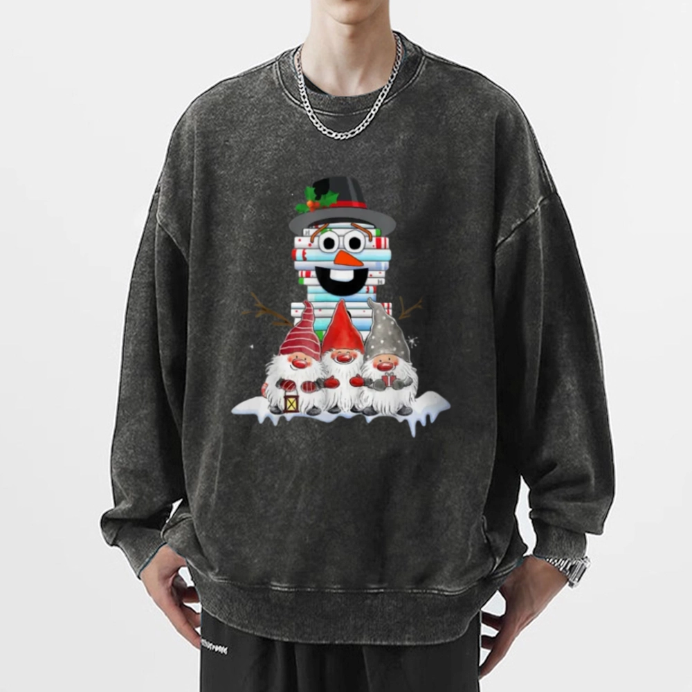 Pagewings Snowman Book Christmas Stack Gnome Librarian Book Unisex Washed Sweatshirt