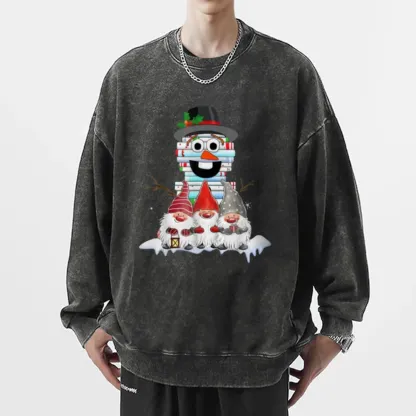 Pagewings Snowman Book Christmas Stack Gnome Librarian Book Unisex Washed Sweatshirt