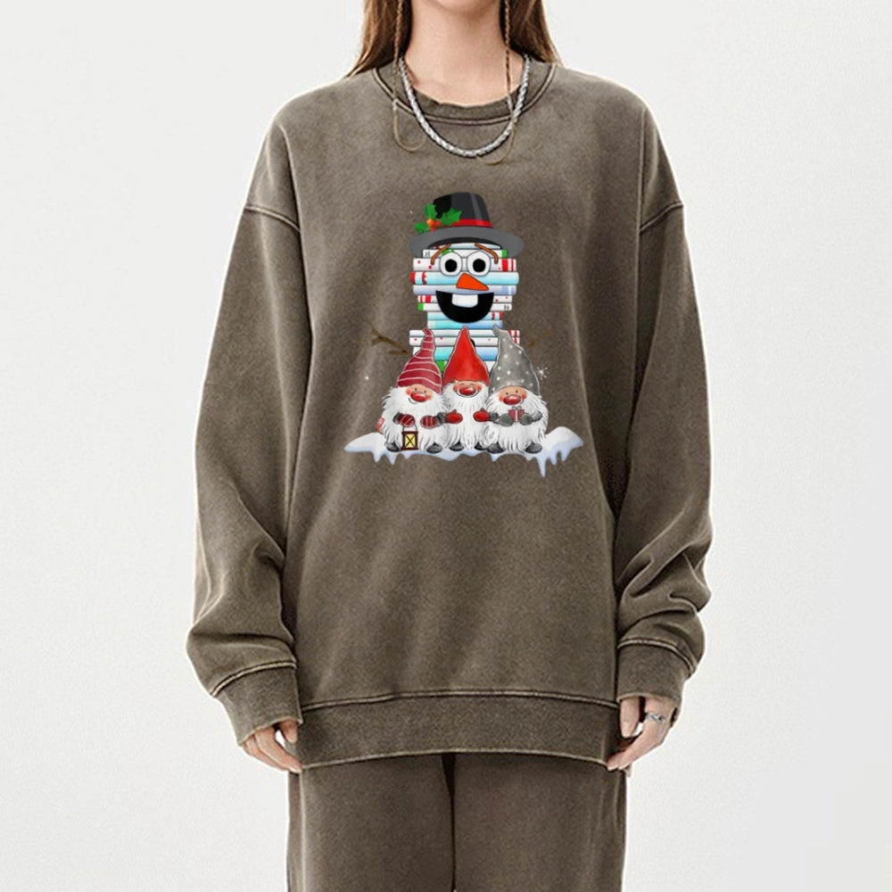 Pagewings Snowman Book Christmas Stack Gnome Librarian Book Unisex Washed Sweatshirt