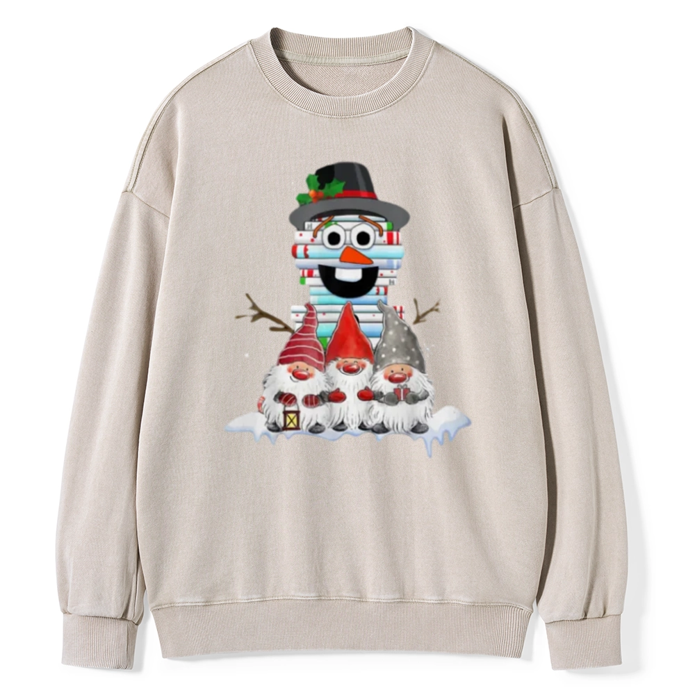 Pagewings Snowman Book Christmas Stack Gnome Librarian Book Unisex Washed Sweatshirt