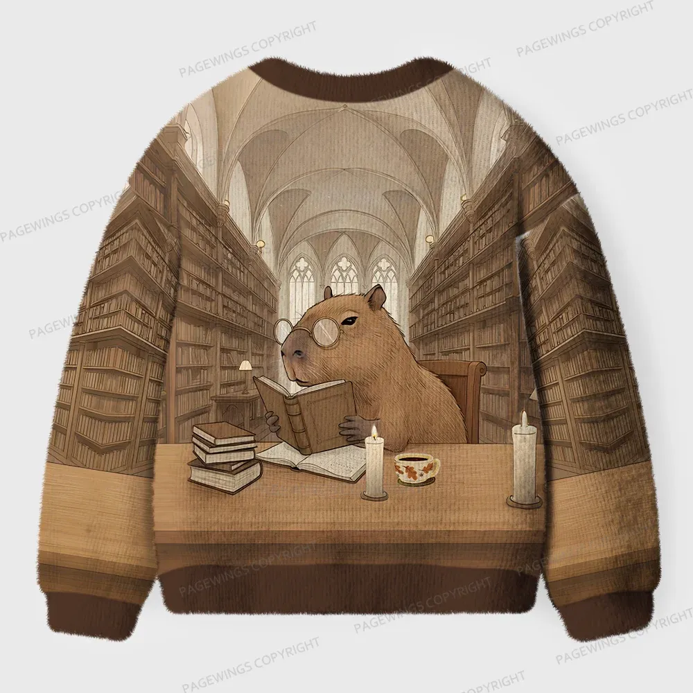 Pagewings Capybara Reading Unisex Ugly Cardigan Sweaters