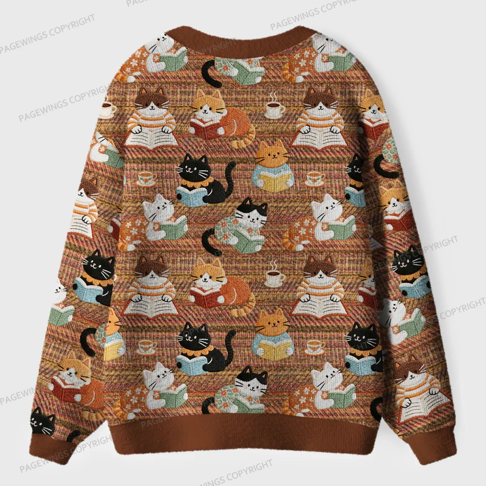 Pagewings Cats And Reading Unisex Ugly Cardigan Sweaters