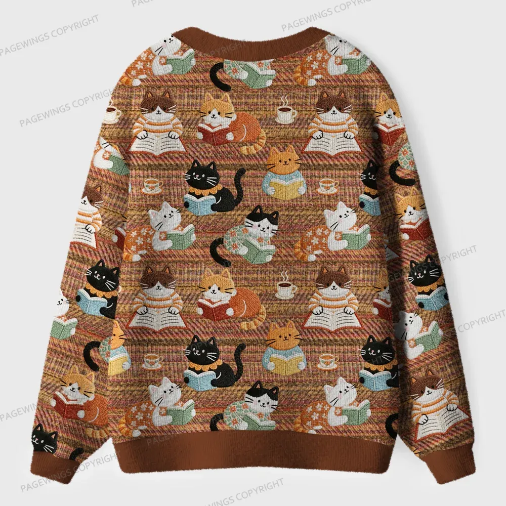 Pagewings Cats And Reading Unisex Ugly Cardigan Sweaters