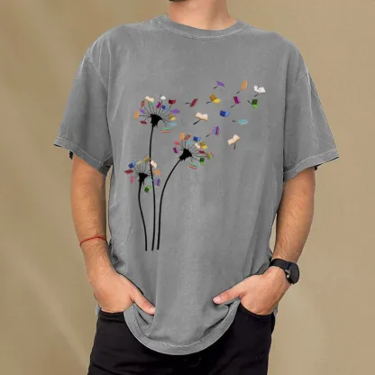 Pagewings Cute Dandelion Books Flower Fly Unisex Washed T-shirt