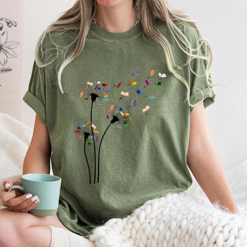 Pagewings Cute Dandelion Books Flower Fly Unisex Washed T-shirt