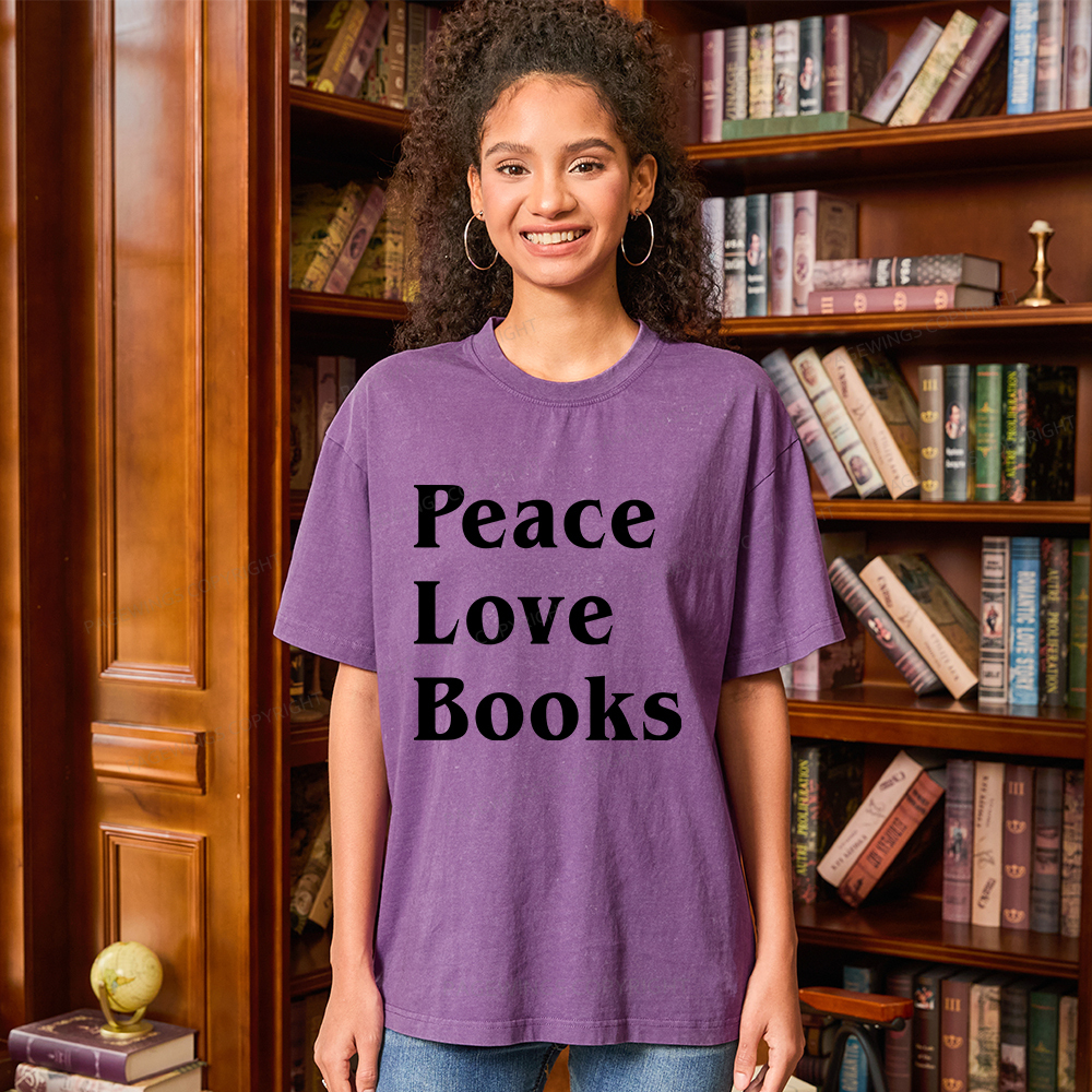 Pagewings Peace Love Books Unisex Washed T-shirt
